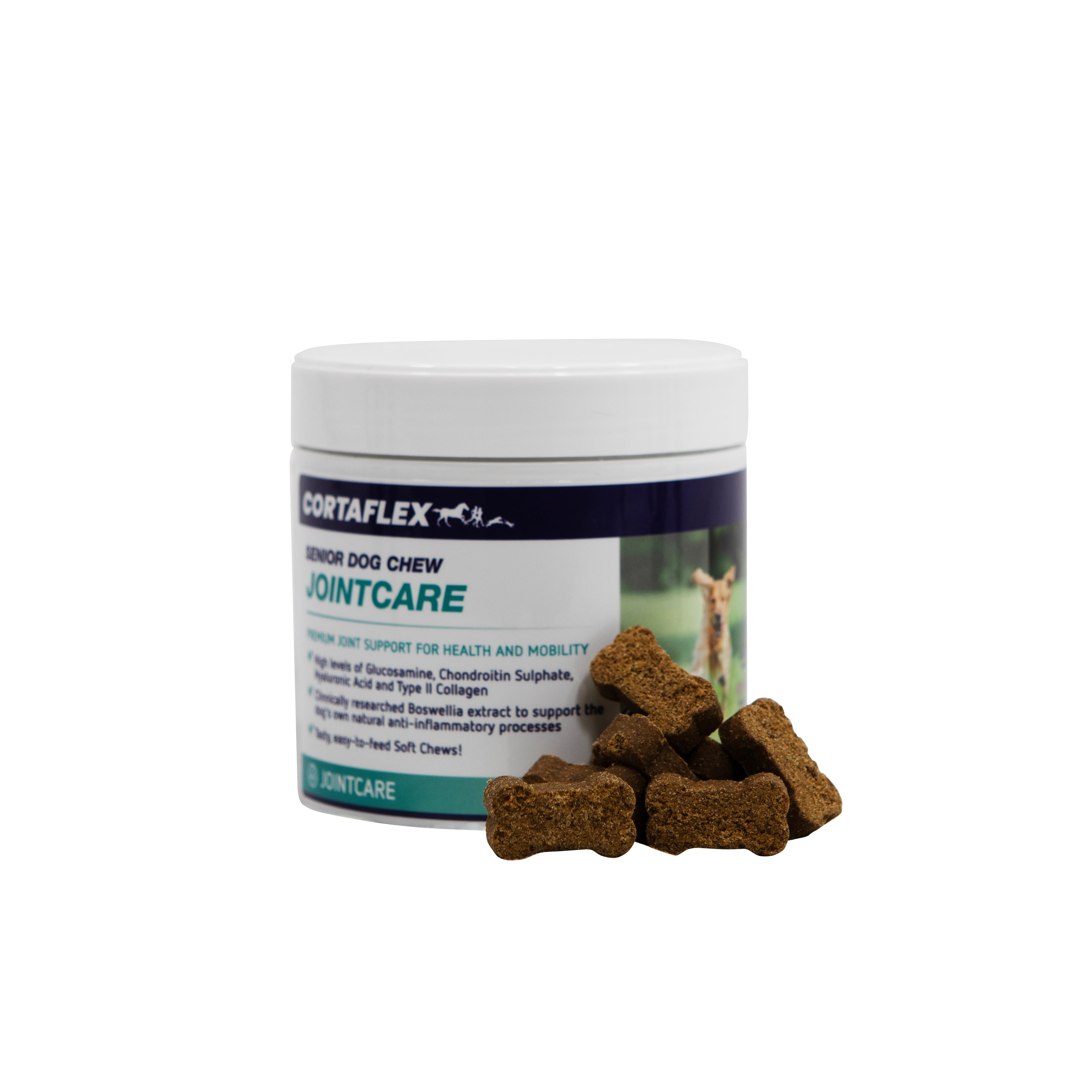 A container of Cortaflex Senior Dog Chews with the product spilling out in front, showing soft chews for joint care for dogs.